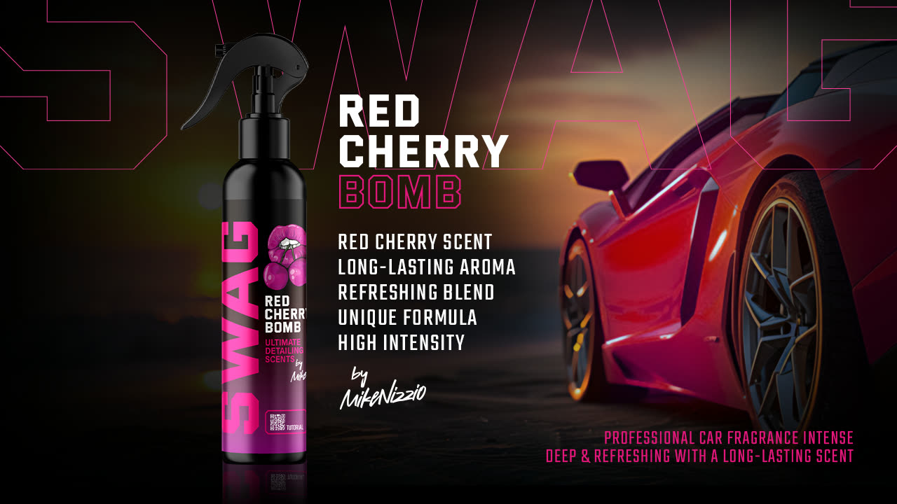 SWAG Red Cherry Bomb car fragrance spray with hanging air freshener tag, used to scent a car interior
