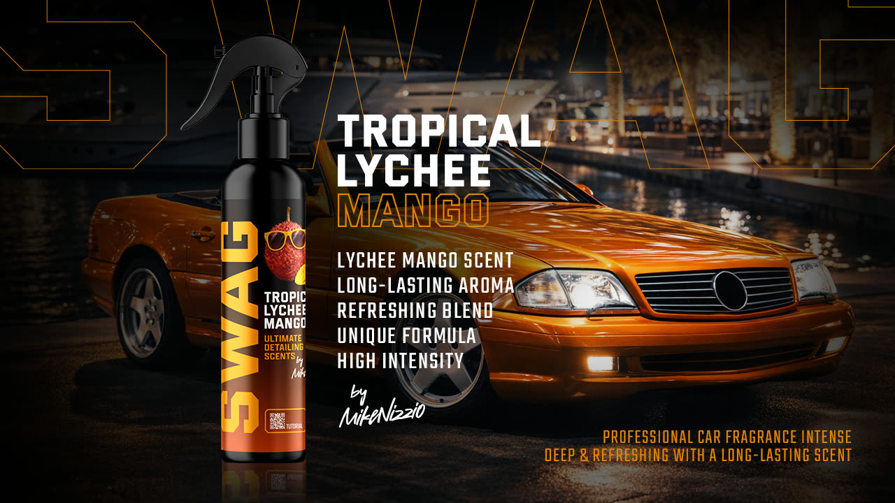SWAG Tropical Lychee Mango car fragrance with hanging air freshener tag for a fabric car interior