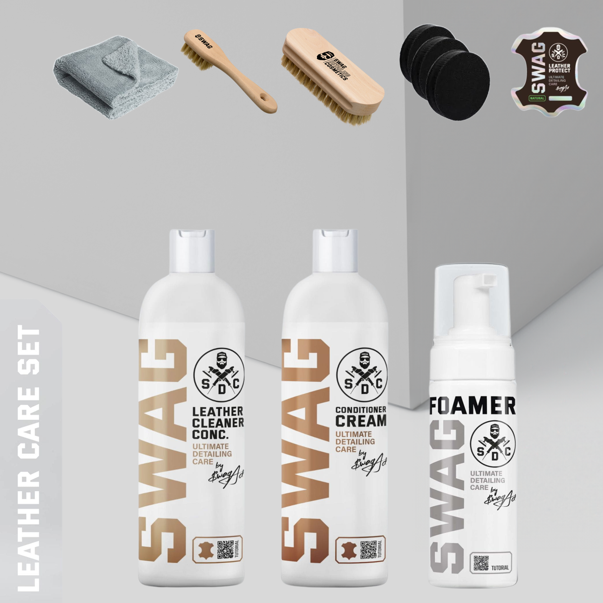 Swag LEATHER CARE SET | LEATHER CONDITIONER CREAM | LEATHER CLEANER CONC. GEL+ 1:20 | + accessories