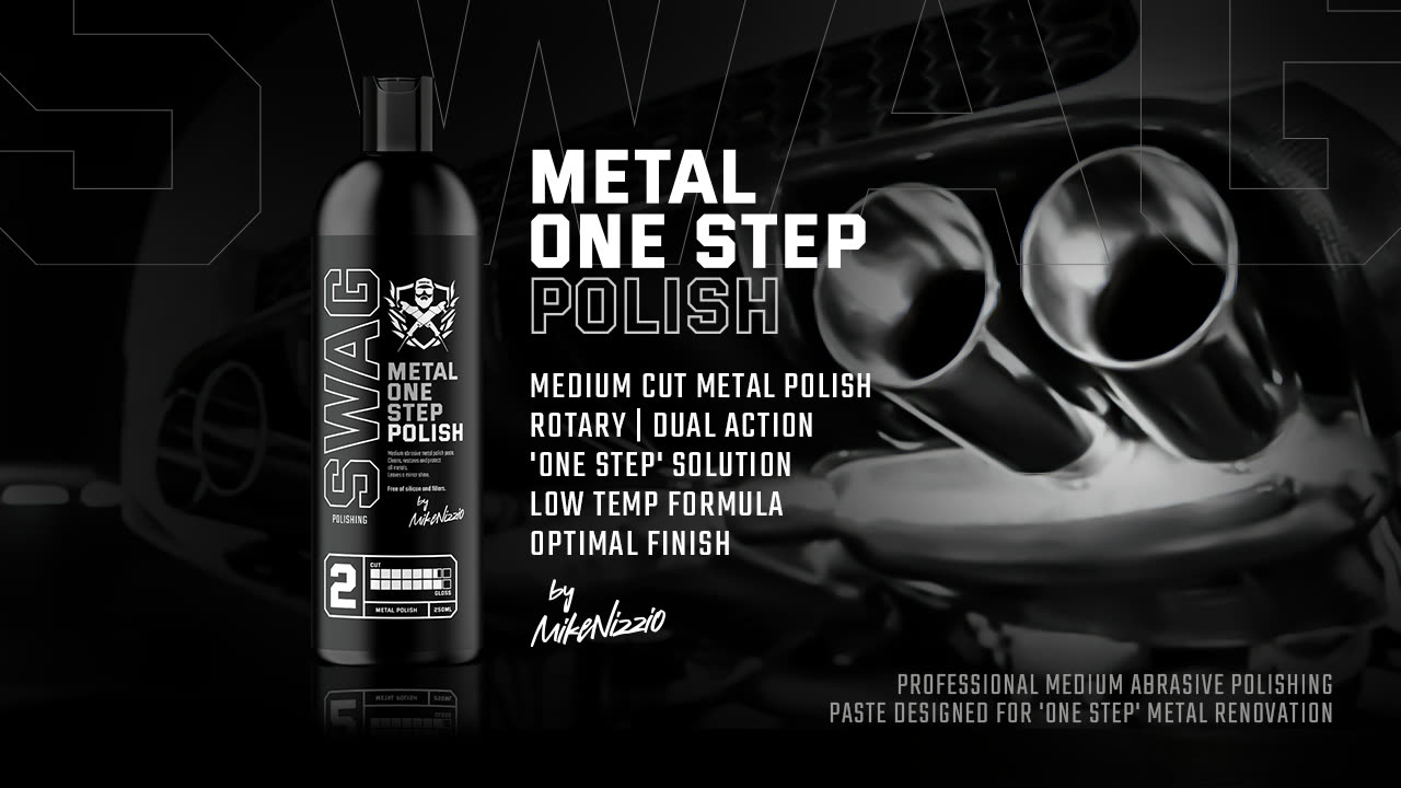 SWAG METAL ONE STEP POLISH compound used to polish chrome trim and stainless exhaust tips on a car